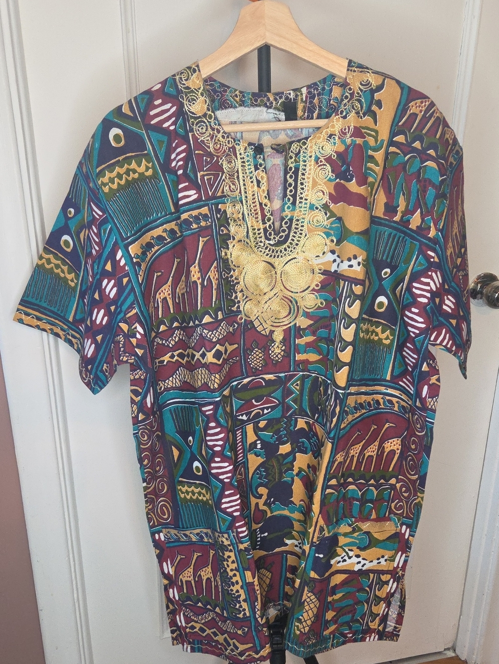 Dashiki-Bold Multicolor African Print Top with Gold Embellishment